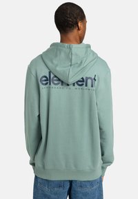 Light green sweatshirt with a hood, features large navy "element" logo on the back, made from soft fabric with a casual fit.