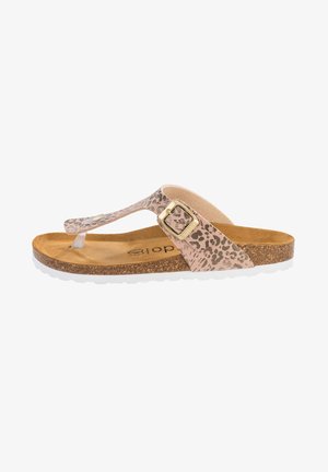 Flip-Flop-Sandale mit pinken und braunen Leopardenmuster-Riemen, Korkfußbett, verstellbarem Schnallenverschluss und weißer Außensohle.