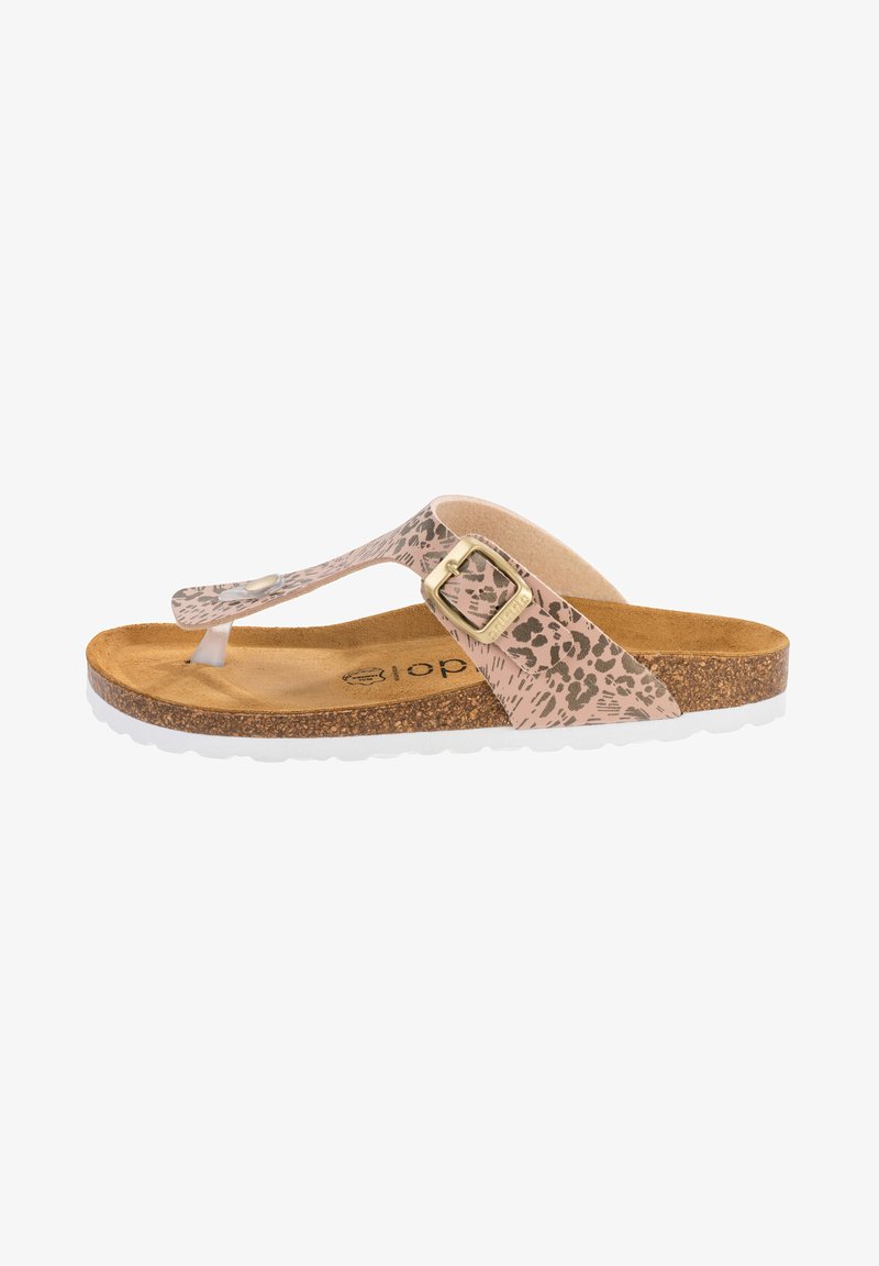 Flip-flop sandal med rosa och bruna leopardmönstrade remmar, korkfot sula, justerbar spänne och vit yttersula.