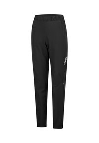Schwarze Sporthose mit elastischem Bund, taillierter Passform, Reißverschlusstaschen und reflektierendem Logo-Detail an der Seite.