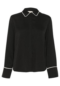 Black long-sleeve shirt with a white contrasting collar and cuff accents; smooth texture with a subtle pattern, front button closure.