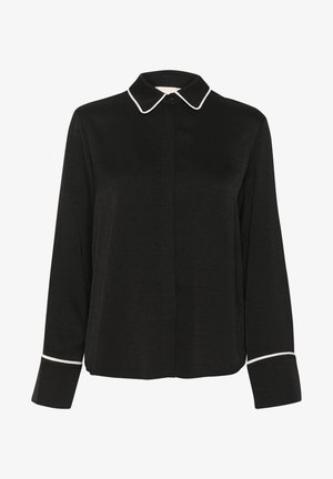 Mustas pika varrukaga särk, millel on valged kontrastsed krae ja manseti äärised; sile tekstuur, millel on peen muster, ees nupuvajutusega sulgus.