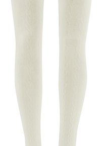 Collants blancs en tricot, avec un motif texturé et une coupe ajustée, fabriqués dans un matériau doux et extensible pour le confort et la chaleur.
