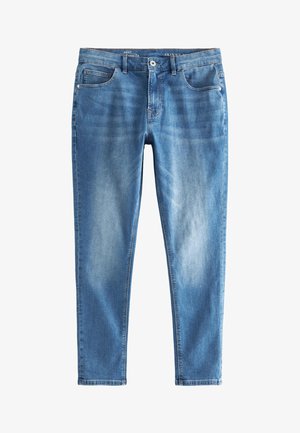 Jeans skinny de culoare albastru deschis, cu buzunare frontale și posterioare, bucle pentru curea și închidere cu nasture, având detalii ușor decolorate pe coapse.