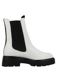 White faux leather ankle boot with black elastic side panels, textured quilted design, and chunky black rubber sole.