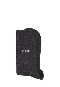 Schwarze Strickmütze mit strukturiertem Muster. Verfügt über einen umgeschlagenen Saum und ein weißes gesticktes Logo "CPHGN" an der Seite. Weiches, flexibles Material.