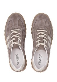 Pair of brown suede sneakers with white laces and stripes, jagged gum soles, viewed from above on a white background.
