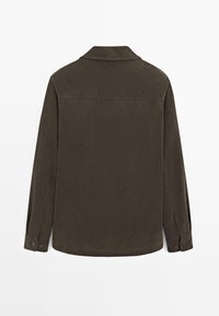 Donkergroene, lange mouwen shirt met een kraag, knoopmanchetten en een rechte zoom. Katoenen stof met een zachte textuur, zonder patronen.