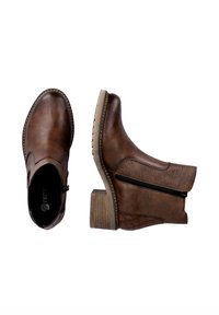 Brown ankle boots with a smooth leather upper, textured side panels, side zipper, and a stacked heel. Features contrasting stitching detail.