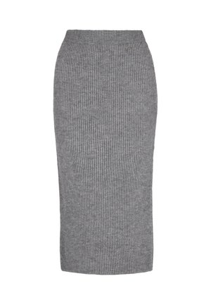 Grå ribbede strikskørt med en tætsiddende silhuet og elastisk talje, som har en mellemlang design og blød tekstur.