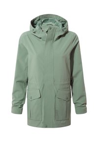 Light green, waterproof jacket with a hood, front zipper, and two flap pockets. Features a sleek design and smooth, textured fabric.