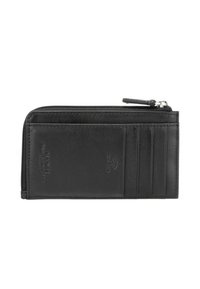 Portefeuille en cuir noir avec fermeture éclair, plusieurs emplacements pour cartes et détail en relief de protection RFID à l'avant.