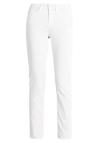 White denim jeans with a straight-leg design. Features a standard waistband, button closure, and front and back pockets. Smooth texture.