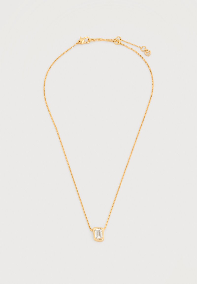 Λεπτό χρυσό κολιέ αλυσίδας με ένα μικρό, ορθογώνιο διάφανο πολύτιμο λίθο και μια καρδιά στη ρυθμιζόμενη κούμπωμα.