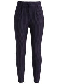 Marineblaue Slim-Fit-Hosen mit weißen Streifen und einem schwarzen Kordelzug am elastischen Bund.