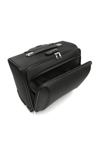 Black wheeled bag with a textured surface, dual zippers, a top handle, and a front pocket. Features a durable, rectangular design.