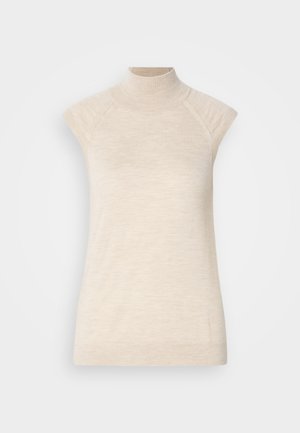 Haut sans manches beige à col montant, fabriqué en tissu doux et texturé. Dispose d'épaules raglan et d'une silhouette ajustée. Convient pour des tenues superposées.