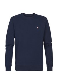 Marineblauwe sweatshirt van zachte katoen, met een ronde hals en lange mouwen. Bevat een klein logo op de borst. Gladde textuur.