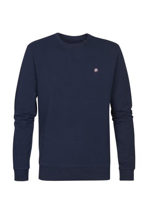 Sudadera de color azul marino hecha de algodón suave, con cuello redondo y mangas largas. Incluye un pequeño logo en el pecho. Textura suave.