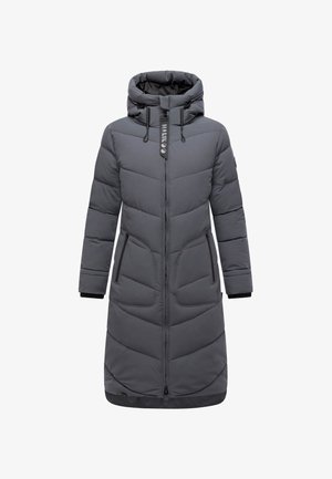 Lange grijze gewatteerde winterjas met capuchon, voorrits, twee zijzakken met rits en verstelbare trekkoorden bij de kraag.
