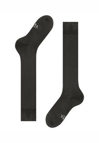 Calzini neri in cotone con una texture liscia, dotati di punta e tallone rinforzati. Corte come lunghezza, con un polsino a costine orizzontali.