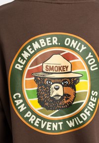 Sweatshirt marron avec un graphisme d'un ours portant un chapeau de ranger. Le texte dit "N'oubliez pas, Vous êtes le seul à pouvoir prévenir les incendies de forêt" dans une disposition circulaire.