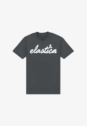 Tmavě šedé bavlněné tričko s velkým bílým stylizovaným nápisem "elastica" na přední straně. Krátké rukávy, kulatý výstřih.