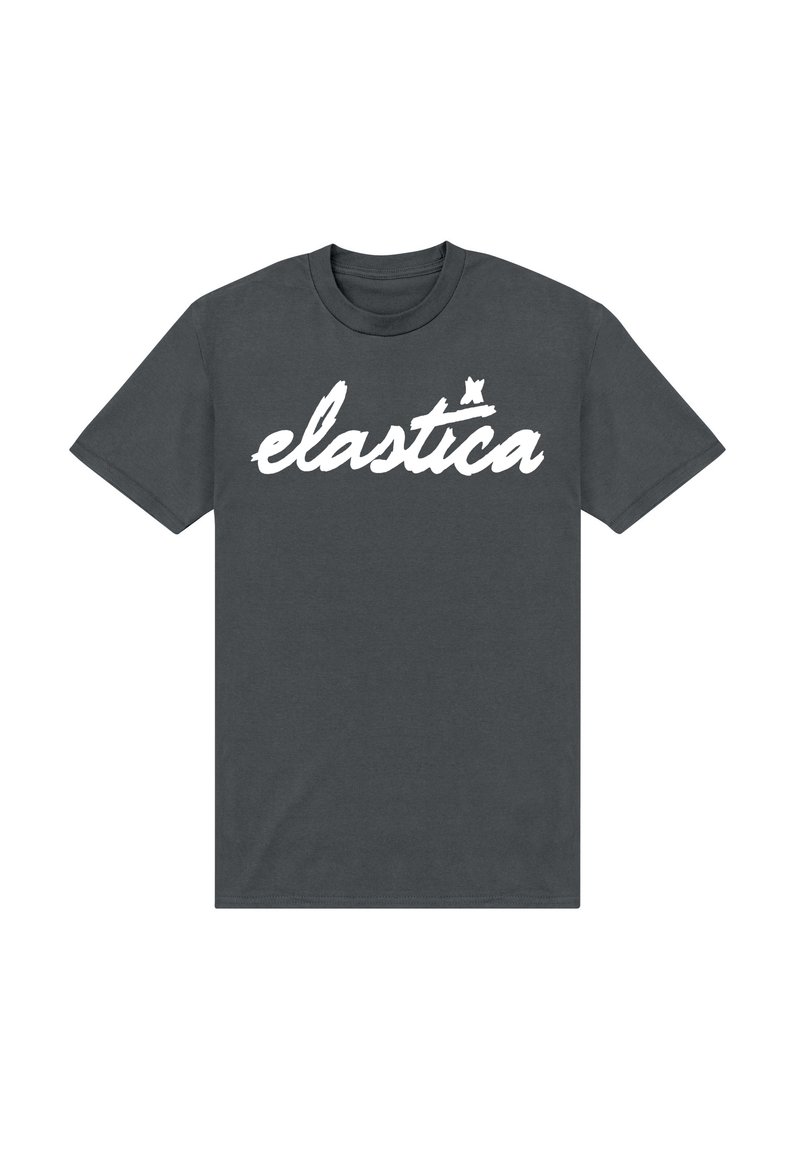 Mørkegrå bomulds t-shirt med ordet "elastica" i stor, hvid, stiliseret skrift på forsiden. Korte ærmer, rund halsudskæring.
