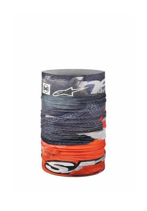 Multicolored tubular neck gaiter with abstract patterns in gray, black, white, and orange, featuring Buff and Alpinestars logos.
