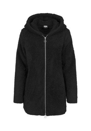 Must sherpa flanelliga kapuutsiga jope pikkade varrukatega, täispikk esilukk ja kaks luku tõmmatavat, suurus XS.