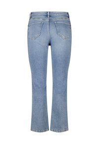 Blauwe uitlopende spijkerbroek gemaakt van denim, met een mid-rise taille, twee achterzakken en een nette zoom. De stof heeft een gladde textuur.