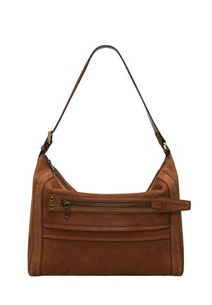 Braune Wildleder-Schultertasche mit vorderer Reißverschlusstasche und einem verstellbaren Riemen.