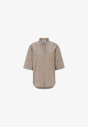 Bež kratka košulja s dugmadima, malim karo uzorkom, klasičnim ovratnikom i zaobljenim rubom.