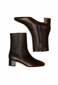 Stivali ankle in pelle marrone con punta appuntita, cerniera laterale e tacco a blocco basso. La texture è liscia con dettagli di cucitura minimi.