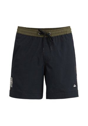 Costume da bagno nero con fascia elastica verde oliva, coulisse regolabile, tasca laterale e pannello decorato sul fianco.