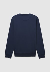 Felpa blu navy con scollatura rotonda, maniche lunghe e orlo a coste. Tessuto liscio, senza loghi o motivi visibili sul retro.