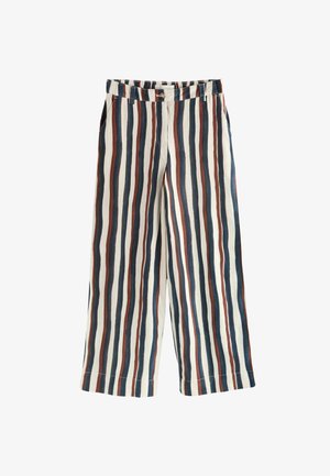 Weit geschnittene Hose mit vertikalen Streifen in Marineblau, Braun und Weiß, mit Knopf- und Reißverschluss sowie Seitentaschen.