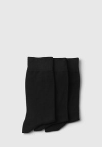 Calzini neri in cotone in un set di tre. Presentano una texture liscia e polsini elastici. Ogni calzino ha un design uniforme, senza fantasie.