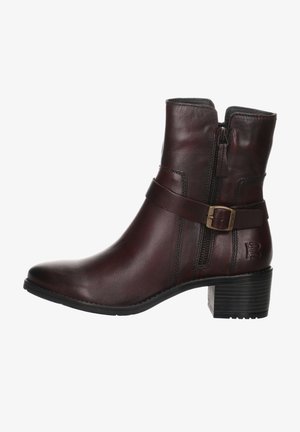 Dunkelburgunderfarbene Leder-Ankle-Boots mit einem seitlichen Reißverschluss, einem Riemen mit einer Metallschnalle und einem Blockabsatz mit einer strukturierten Sohle.