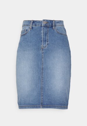 Blauer Jeans-Bleistiftrock mit Gürtelschlaufen, Knopfleiste vorne, Reißverschluss und Seitentaschen.