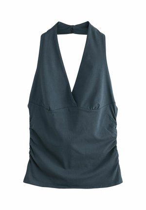 Dunkelgraues ärmelloses Neckholder-Oberteil mit tiefem V-Ausschnitt und gerafften Seiten, entworfen für eine figurbetonte Silhouette.