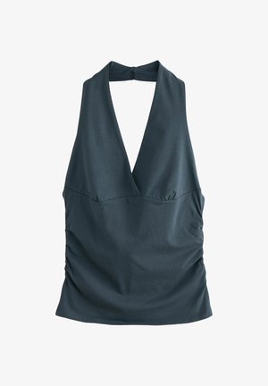 Tumehall, varrukateta kaelusega top, millel on sügav V-kaelus ja kogutud küljed, disainitud liibuvaks siluetiks.