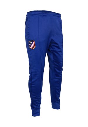 Blauwe sportbroek met elastische tailleband en het embleem van de voetbalclub Atlético Madrid op de rechterdij.