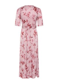 Ružové midi šaty s krátkymi rukávmi, červeným kvetinovým vzorom a opaskom na zaväzovanie v páse.