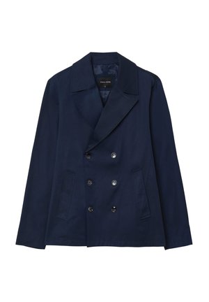 Giacca navy doppiopetto con ampi rever, bottoni neri e due tasche frontali; tessuto liscio e design di lunghezza media.