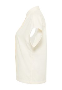 Short-sleeve shirt in light cream fabric, featuring a classic collar, button closure, and a relaxed fit with a straight hem.