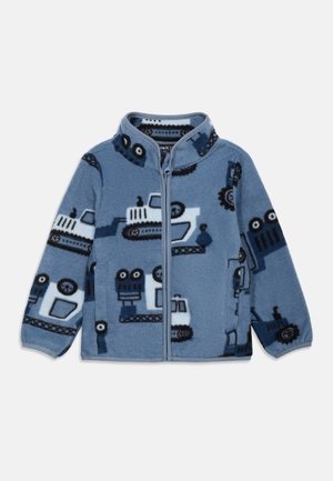 Blauwe fleecejas met rits, met een patroon van witte en donkerblauwe bouwvoertuigen, waaronder graafmachines en tractoren.