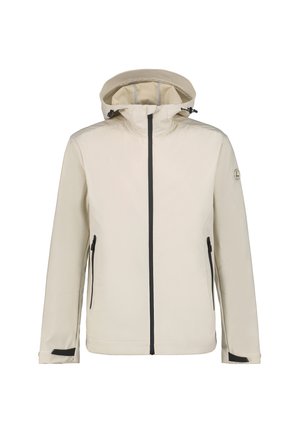 Chaqueta beige con capucha, cremallera negra en la parte delantera, bolsillos laterales con cremallera, puños ajustables y una parche de logo en la manga izquierda.
