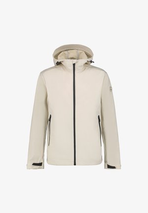 Beige Kapuzenjacke mit schwarzem Frontreißverschluss, seitlichen Reißverschlusstaschen, verstellbaren Bündchen und einem Logo-Patch am linken Ärmel.