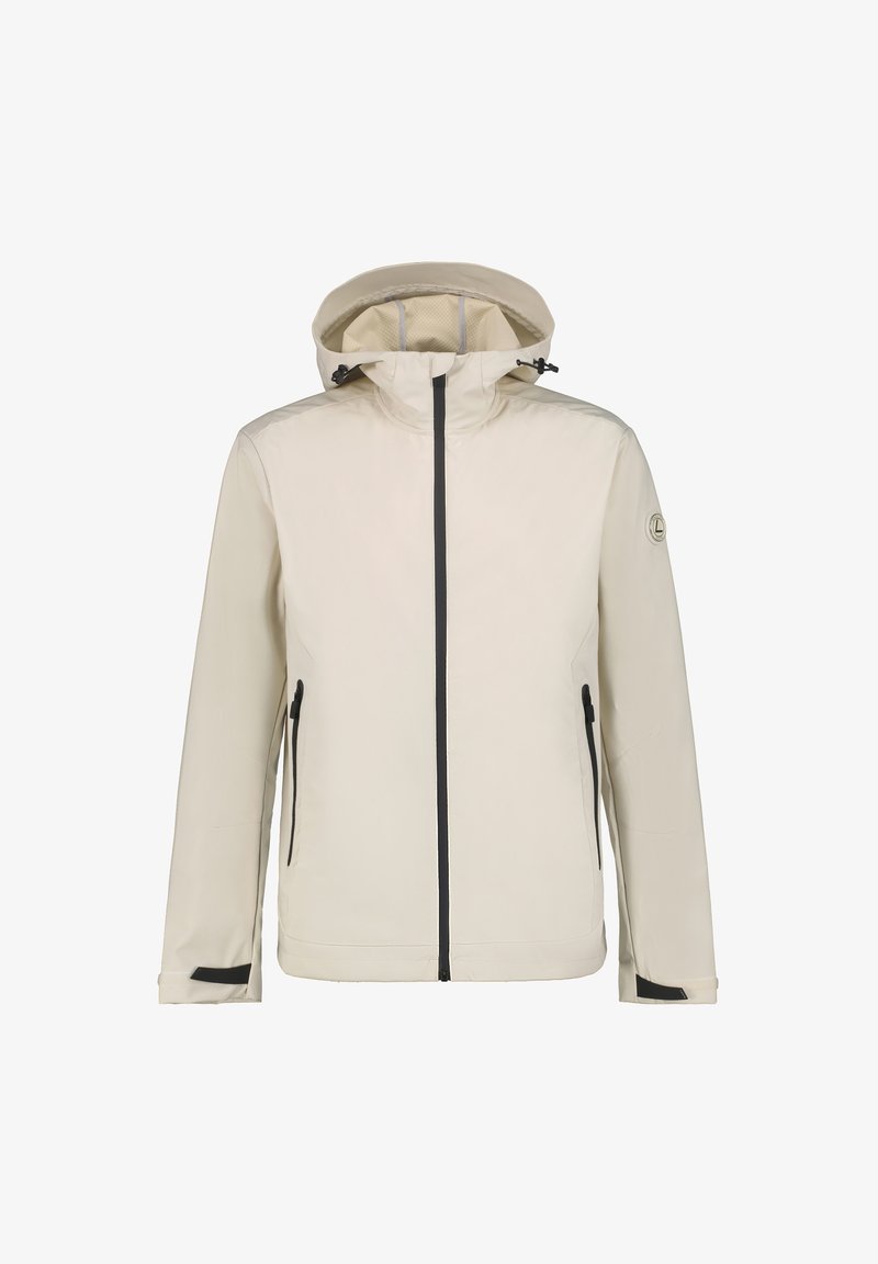 Beige Kapuzenjacke mit schwarzem Frontreißverschluss, seitlichen Reißverschlusstaschen, verstellbaren Bündchen und einem Logo-Patch am linken Ärmel.